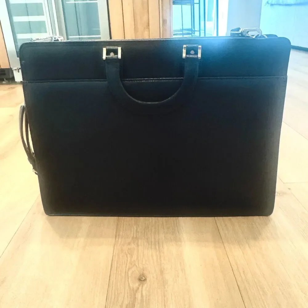 LANVIN COLLECTION Leather Business Bag w Three-Way Zip in Black Leather